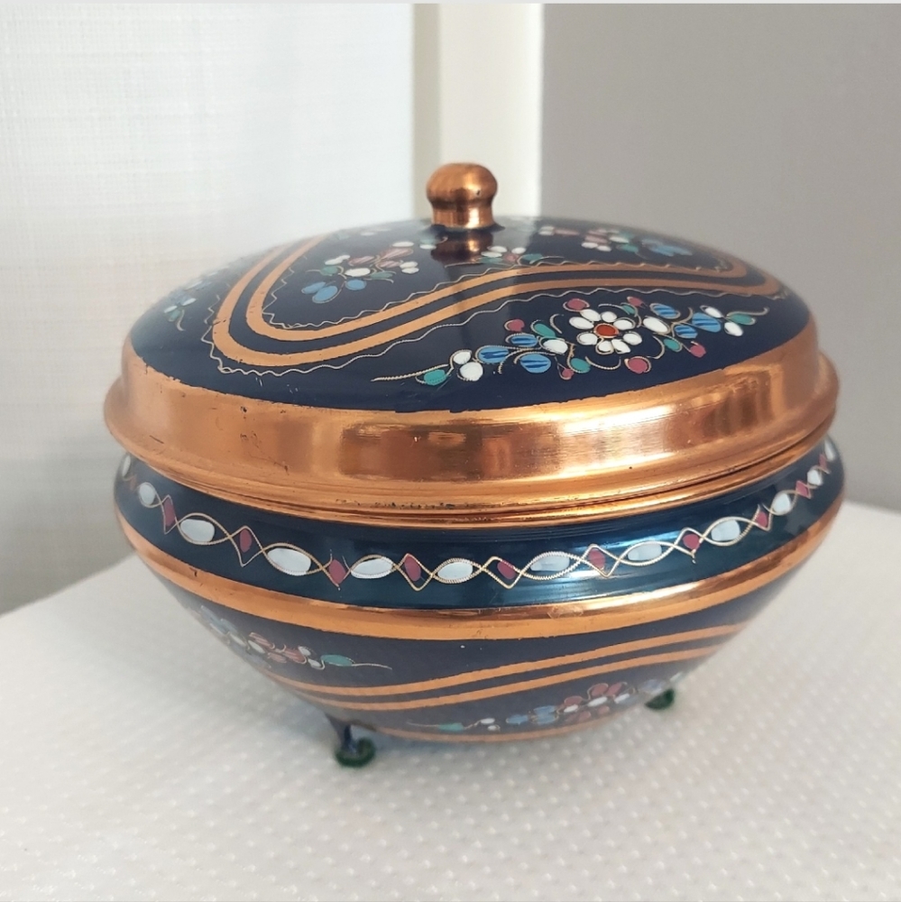 Vintage Copper Container W Lid Enamel Metal Round Floral Turkey